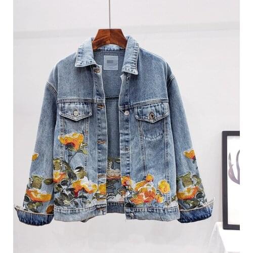 2021 New Spring Autumn New Embroidered Flower Jeans Jacket Women Loose Short Coat Denim Jacket Vintage Casual Outerwear Femal