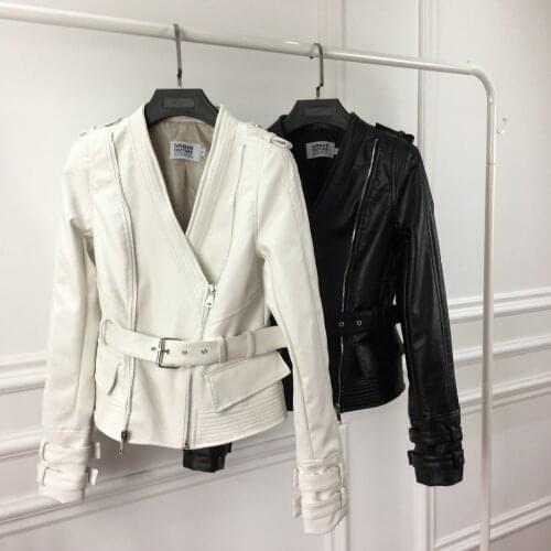 Real New black White leather female coat edition winter fashion show thin v neck joker black motorcycle jacket