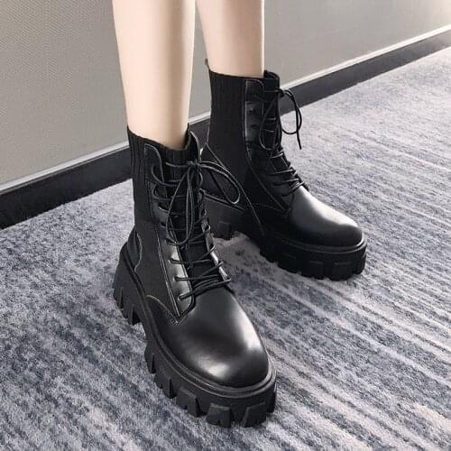 Gothic Black Sock Platform Boots Women Shoes Woman Boots Fashion Flat Round Leather Ankle Boots 2020 Spring Lace Up Black Boots