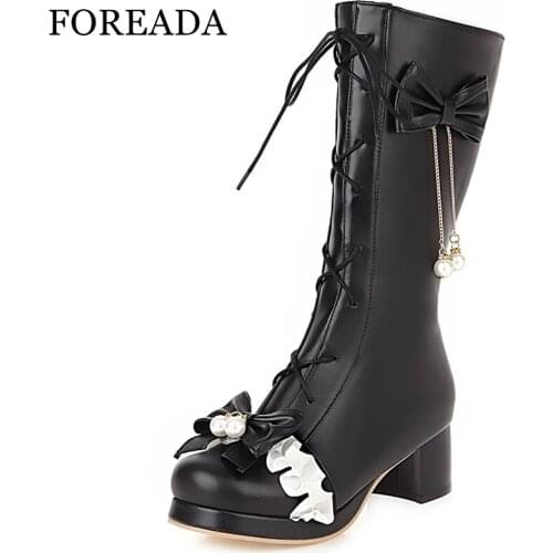 FOREADA Women PU Leather Lolita Boots Platform Thick High Heel Mid-Calf Boots Lace Bow Lace Up Ladies Boots Autumn Black 33-46