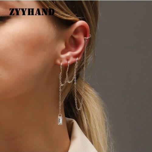 ZYYHAND Women Clip Earrings AAA Square Zircon Cross Chain Gold-Color Lady Party Clip Earrings