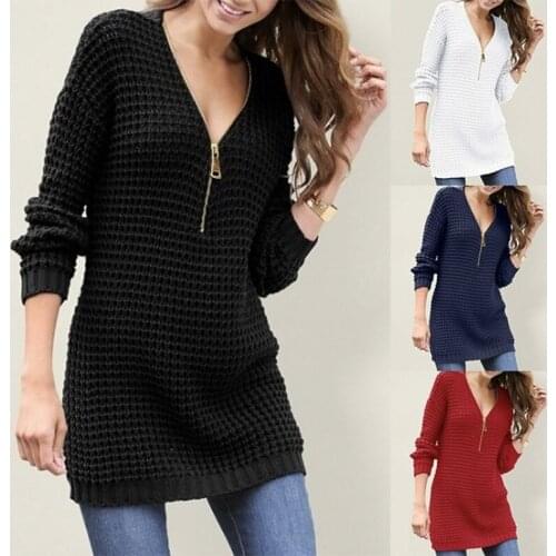 New Sweater Women Pullover 2021 v-neck Solid Color Zipper Europe And American Long Winter Clothes Women Vestidos MMY77012