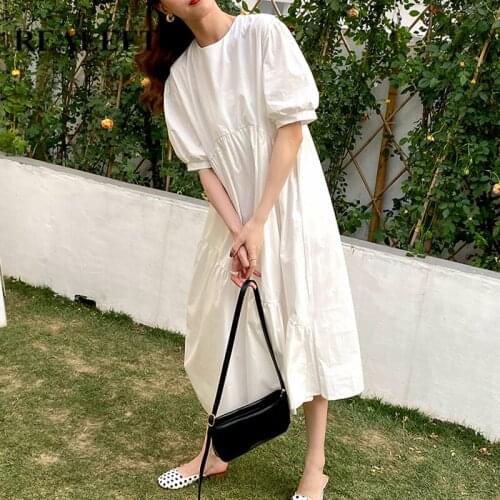 REALEFT Summer 2021 New Loose Women Long Dresses Vintage O-Neck Puff Sleeve Irregular Chic High Waist Straight Female Dress