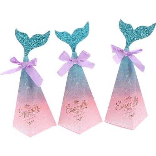 10pcs Mermaid Tail Candy Boxes Pink Mermaid Tail Bow Knot Gifts Box Kids Favors Wedding Birthday Party Supply