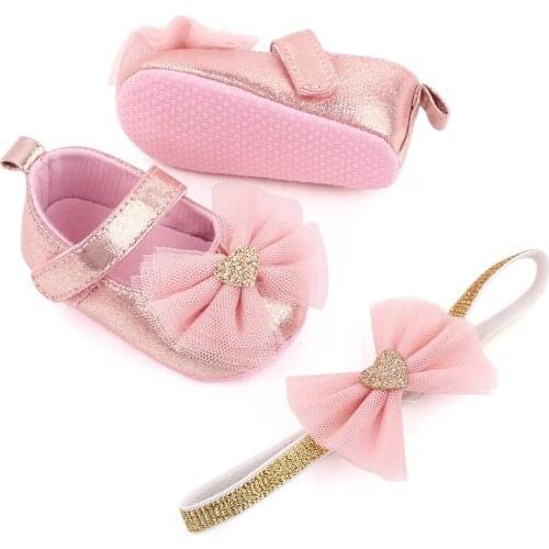 2Pcs/Set Baby Shoes Headband Lace Bows Heart Princess Baby Girl Shoes Spring Summer Soft Sole Infant Toddler Kids First Walkers