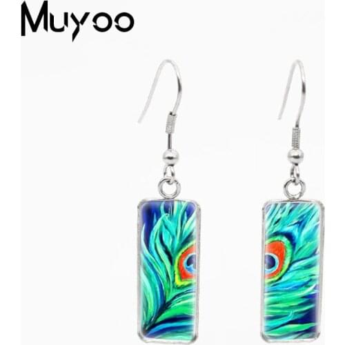 2021 New Beauty Blue Peacock Feather Glass Cabochon Rectangle Fish Hook Earrings Colorful Feather Handcraft Dangles