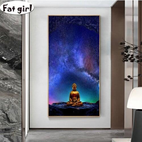 Meditation Buddha Statue 5D diy diamond painting wall art Bright starry sky religion cross stitch mosaic embroidery round square