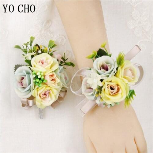 YO CHO Silk Flowers Corsage Pin Boutonniere Buttonhole Men Wedding Wrist Bracelet Bridesmaids Wedding Bride Bridesmaid Wristband