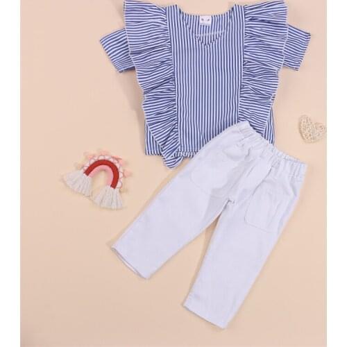 Girls Casual Two-piece Clothes Set Blue V-neck Short Sleeve Tops and White Solid Color Elastic Waist Long Pants for 2-7 Years