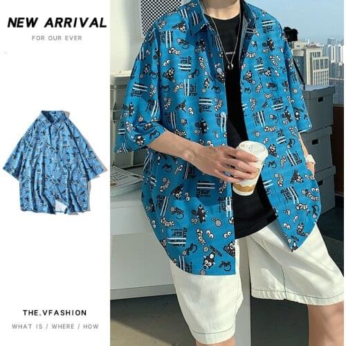 Short-sleeved Hawaiian Beach Shirts Men Full Printed Cartoon Loose Summer Tops Trend Male Clothes Hiphop Streetwear Thin Coat
