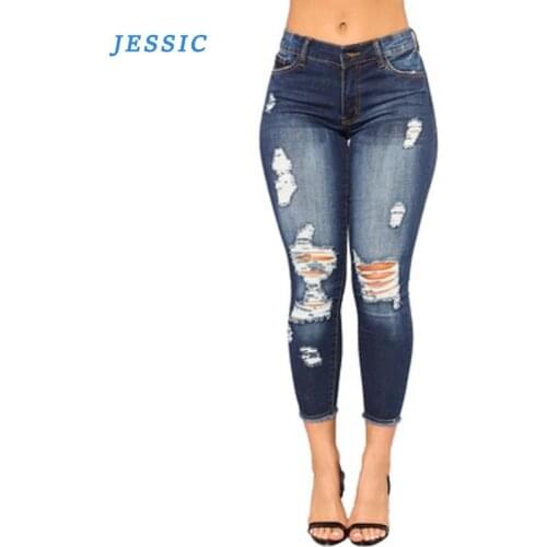 JESSIC 2021 spring high elastic nine-point ripped womens small feet tight-fitting hip fashion jeans