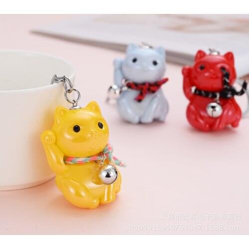 Korean 3D Animal Lucky Cat Keychain Cute Cartoon Couple Bell Acrylic Key Ring Holders Car Bag Hanging Trinket Fashion Charm Gift