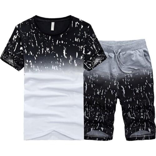 Casual Men Tracksuit Sets Summer Solid Patchwork Slim Fit Mens Sportswear Jogger T-shirts+Shorts Two pieces Sport Suits Clothing
