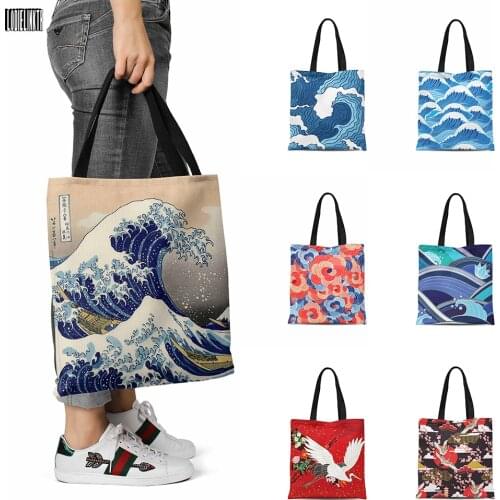 New Ukiyoe Design Canvas Shopping Bag Japanese Style Handbag For Women Daily Girl Large Capacity Grocery Reusable Shoulder Bag