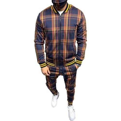 2021 New Colorful Plaid Men suit gym Zipper Set Autumn Tracksuit Set Male Sweatshirt Pocket Running suit Tracksuit Mens set