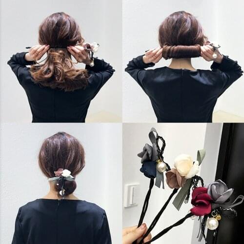 New Fashion Women Elegant Flower Big Pearls Hair Curls Bun DIY Hair Style Donut Maker Ribbon Hair Making Tool Hair Accessories