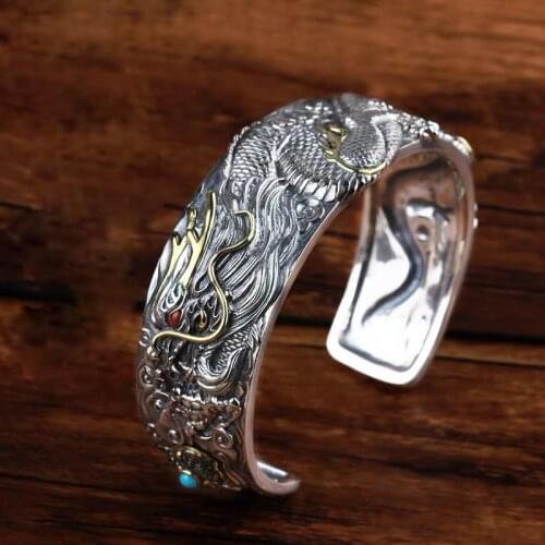 New Dragon-shaped Silver Bracelet Mens Silver Personality Trend Opening Domineering Retro Tamron Mens Silver Bracelet Jewelry