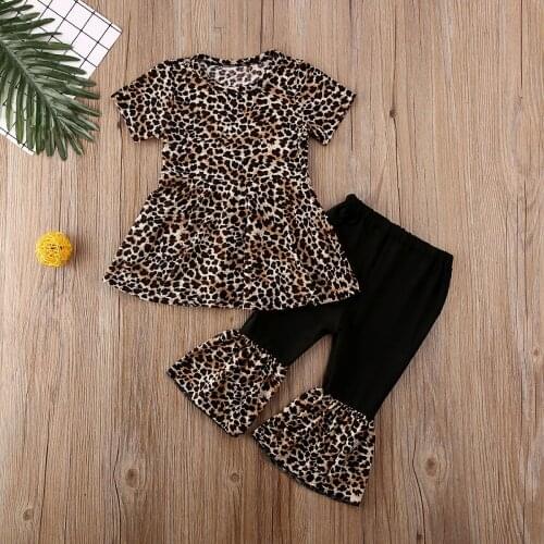 Pudcoco Newborn Baby Girl Clothes Leopard Print Short Sleeve Ruffle Dress Tops Bell-Bottoms Pants 2Pcs Outfits Cotton Clothes