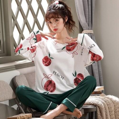 Pajama Ladies Long-sleeved 2pcs Set Pajama Suit Combed Cotton Cute Girls Cartoon Knit Large Size Fashion Home Wear
