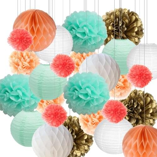30 pcs 6" -14“ Prop Paper flower Hanging Set Paper Lantern Tissue Paper Pom Pom Honeycomb Ball for Wedding Parties Decoration