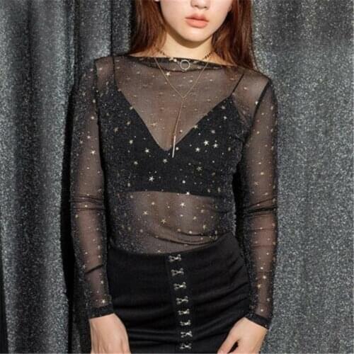 Sexy Womens Knit Fabric Transparent Mesh Long-Sleeved Slim Shirt Round Neck Tight Casual Gold Star Bright Print Pattern Shirt