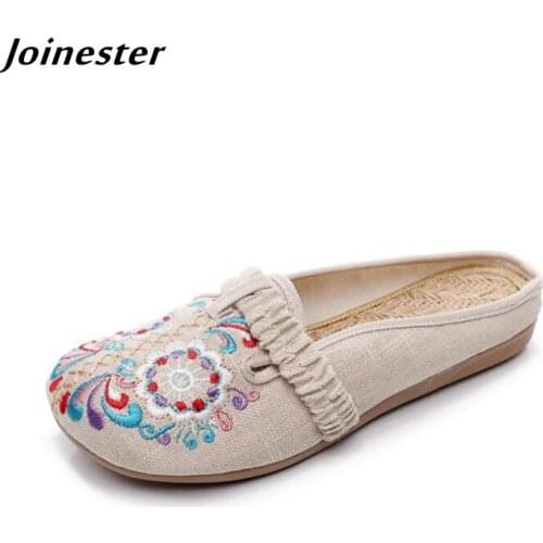 Women Round Toe Linen Fabric Slippers Ethnic Style Backless Loafers Female Retro Casual Slides Floral Embroidered Summer Mules