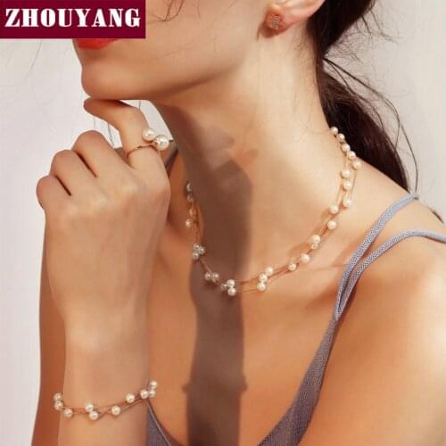 ZHOUYANG Wedding Bridal Jewelry Set For Women Gold Silver Color Imitation Pearl Party Fashion Jewelry S441 S442