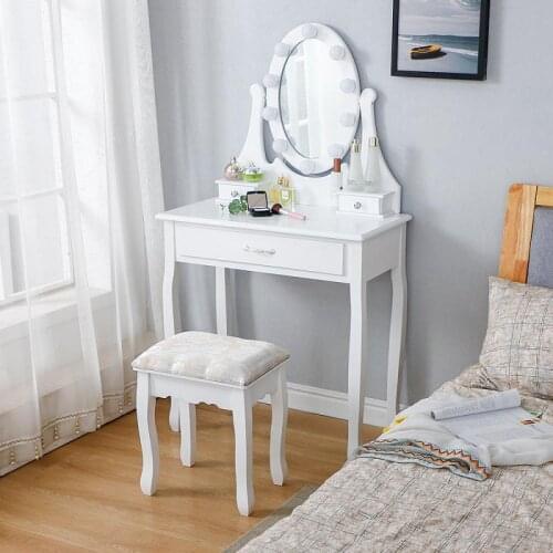 Dressing Table With LED Lights And 3 Drawers (with Stool) Nordic White Bedroom Dresser Bedside Table HD Mirror Makeup Desk HWC
