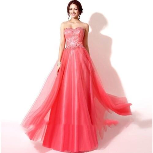 Strapless Coral Evening Dresses Sequined Tulle Girls Party Gowns Lace Up Homecoming Outfits