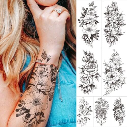 Waterproof Temporary Tattoo Sticker Jasmine Orchid Flower Tatto Peony Lotus Lines Flowers Rose Body Art Fake Sleeve Tatoo Women