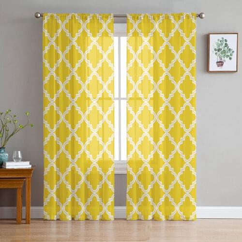 Yellow Moroccan Geometric Checks Curtain Window Tulle For Living Room Bedroom The Kitchen Window Treatment Decorations Curtains