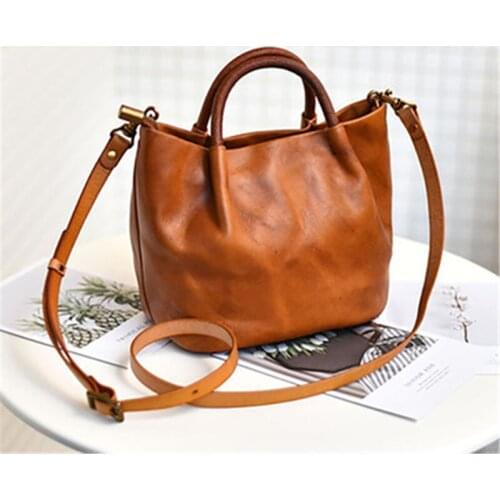 Retro art female bag Japanese soft genuine leather handbag vegetable tanned leather simple shoulder messenger bucket bag