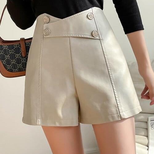 New Fashion Double Breasted High Waist Leather Shorts Womens Autumn Winter A-line Wide Leg Shorts Black PU Female CasualShorts