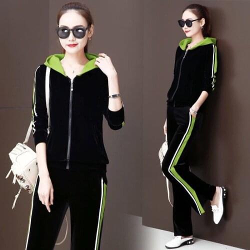 Womens Velvet Tracksuit Casual 2 Piece Sets Spring Fashion Zipper Jacket Tops And Wide Leg Pants Suit Korean Jogging Sweatsuit