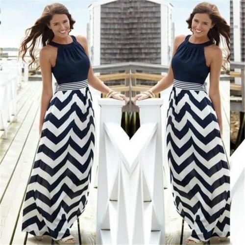 Women Summer Dress Fashion Wave Striped Long Dress Sexy Sleeveless Hanging Neck High Waist Stitching Dresses
