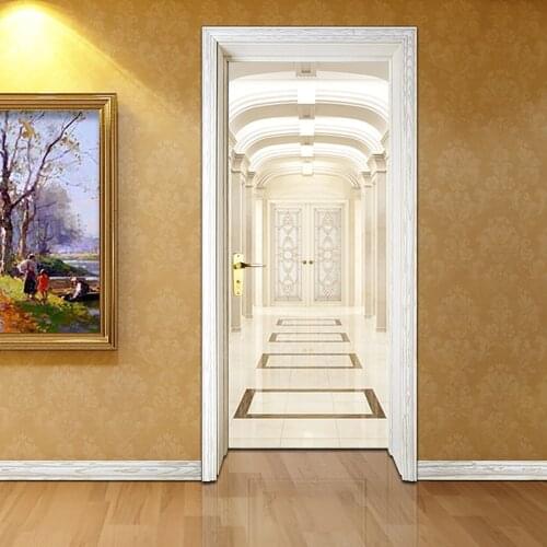 Golden Corridor DIY Door Sticker Self Adhesive Decal Home Decor Paper for Living Room PVC Waterproof 3D Print Photo Wallpaper