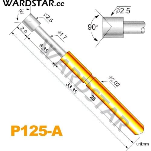 100pcs/lot P125-A Dia 2.5mm Spring Test Probes Pogo Pin Length 33.35mm (Stroke Spring Froce:180g)