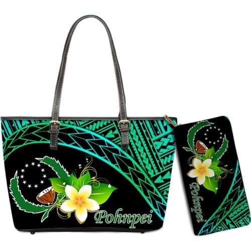 Large Leather Women Handbag And Purse Set Polynesian Pohnpei Tribal Printed Clutch Wallets Totes Femme Free Drop Ship Wholesale