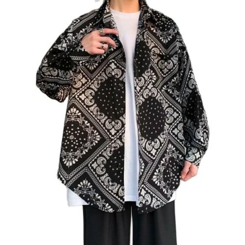 Black Bandana Shirt Men Hiphop Turn-down Collar Streetwear Mens Shirt Long Sleeve Casual Shirts 2021 Autumn