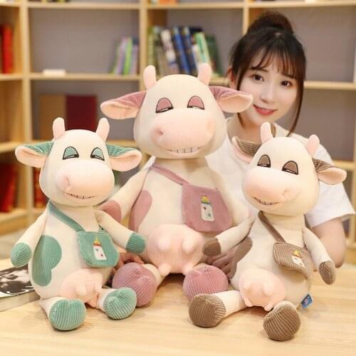 Simulation Smirking Milk Cow Plush Toys Soft Stuffed Cartoon Animal Cattle With Milk Bottle Bag Doll Home Decor Accompany Toys
