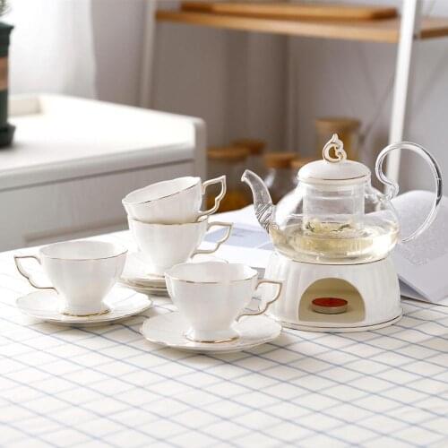 Europe Style Ceramic Glass Flower Teapot Set Candle Heating Warm Coffee Teapot Set Tableware Drinkware Cups