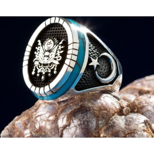 Round Turquoise Gemstone Ring Ottoman Coat Of Arms Crescent Star Motif Turkish Men Ring Accesssory Gifts For Men