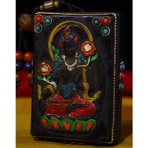 3"Tibet Temple Collection Old Natural horns Filigree mosaic Gem Dzi Bead Green Tara Bodhisattva Amulet Pendant Town House