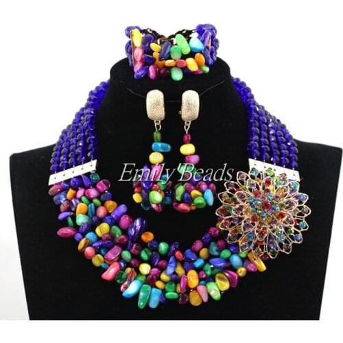 Colorful Crystal Mix Shell Beads Necklace Bracelet Earrings Set Nigerian Wedding African Costume Indian Bridal Jewerly ALJ636