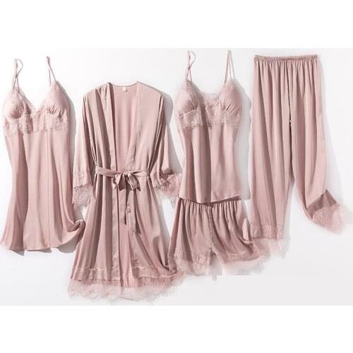 Lace 5PCS Pajamas Set Loose Sleepwear Casual For Women Nightwear Sexy Kimono Bathrobe Gown Pyjamas Satin Pijamas Home Wear