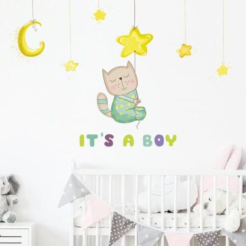 Sweet Little Kitten Wall Stickers for Kids room Bedroom Wall Decor Cartoon Moon Star Art Wall Decals for Nursery Home Decor PVC