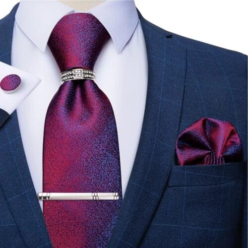 Fashion Shinny Purple Ties For Men With Silver Tie Clip Tie Ring Mens Business Wedding Accessories Neck Tie Pocket Square