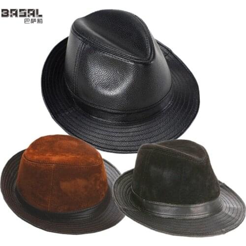 New Mens 100% Real Sheepskin Leather Top Gentleman Bucket Hat
