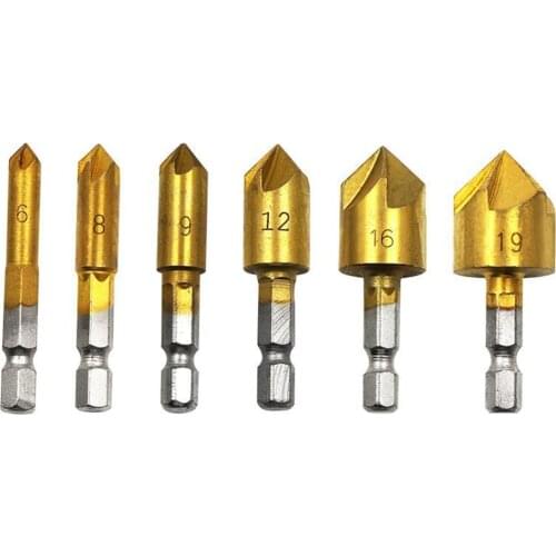 6Pack 1/4" Hex Shank Countersink Tool Drill Bit Set 6mm-19mm Sink Chamfer Cutter For Soft Metal Insulation Board Wood Plastic