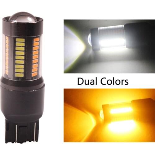 NHAUTP 1Pcs Dual Color Car LED Lights 4014 66-SMD T20 7443 W21/5W LED Bulb White+Yellow Auto DRL Brake/Turn Signal Lamp 12V
